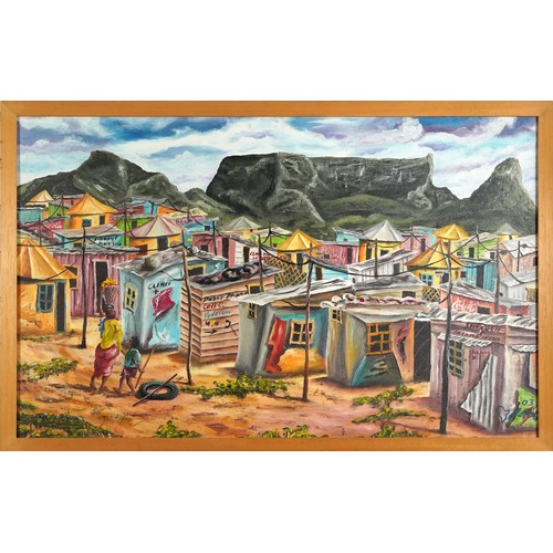 1311 - Village before Table Top Mountain, South Africa, indistinctly signed and dated, oil on canvas, frame... 