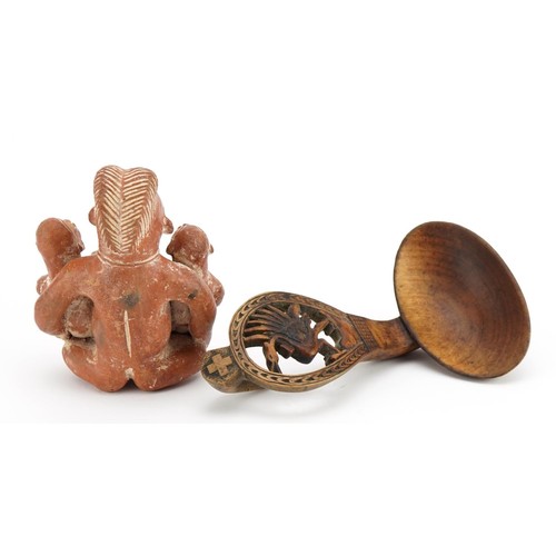 1121 - Peruvian terracotta figure group of a nude mother and two children and a Scandinavian treen spoon, t... 