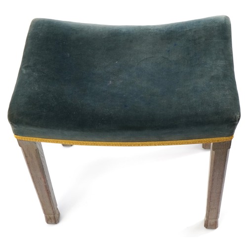 14 - Elizabeth II oak framed Coronation stool with blue upholstered seat, impressed Glenister Wycombe and... 