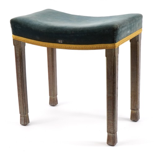 14 - Elizabeth II oak framed Coronation stool with blue upholstered seat, impressed Glenister Wycombe and... 