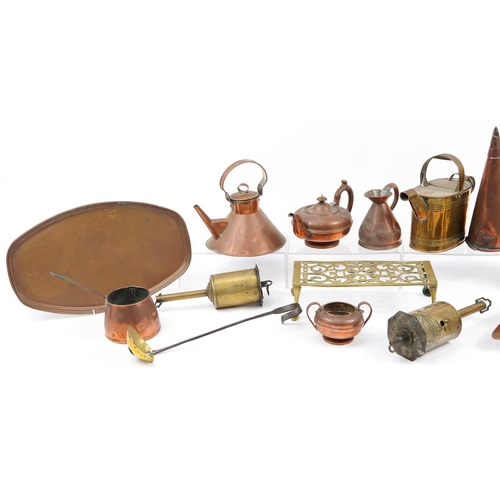 1285 - Antique and later copper and brassware including oval Arts & Crafts style brass tray with twin handl... 