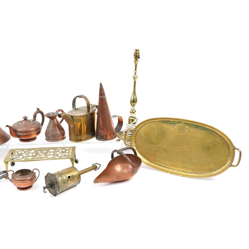 1285 - Antique and later copper and brassware including oval Arts & Crafts style brass tray with twin handl... 