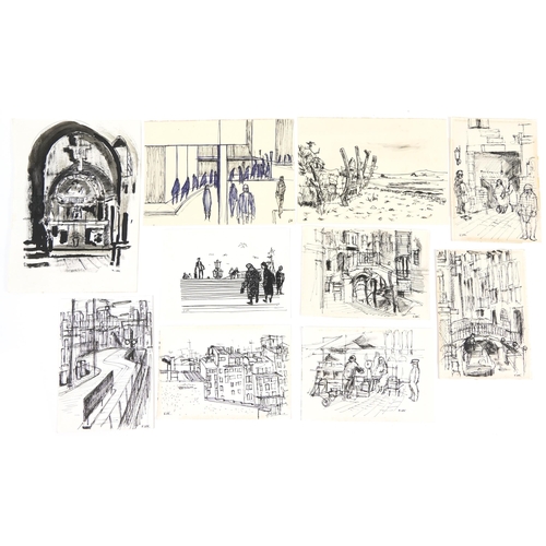 1563 - Karel Lek - Street scenes, figures and townscapes, ten Welsh ink and wash on paper, unframed, the la... 