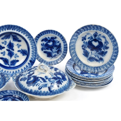 1227 - 19th century flow blue dinnerware painted under glaze with flowers including two lidded tureens with... 