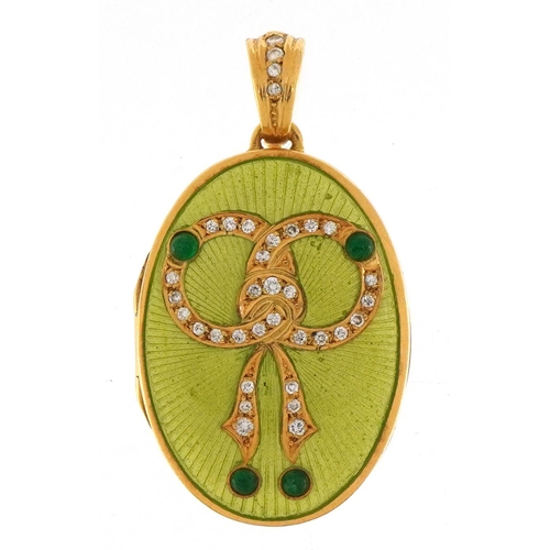 2003 - 18ct gold green guilloche enamelled oval locket set with diamonds and cabochon emeralds, G V W maker... 