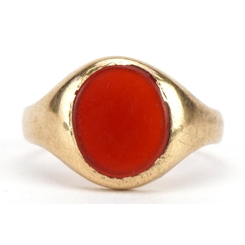 2010 - 9ct gold carnelian signet ring, the carnelian approximately 10.4mm x 9.1mm, size Q, 5.2g