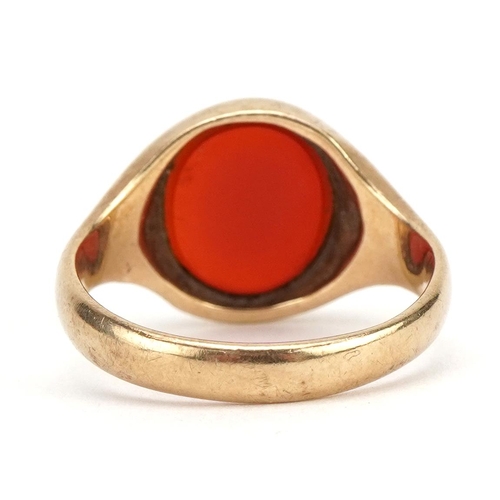 2010 - 9ct gold carnelian signet ring, the carnelian approximately 10.4mm x 9.1mm, size Q, 5.2g