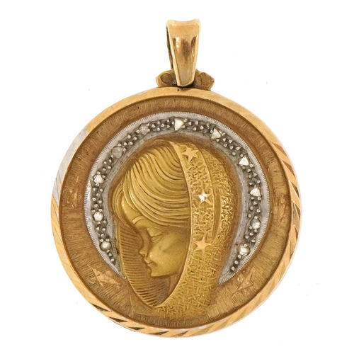 2013 - Italian gold Madonna pendant set with diamonds, tests as 18ct gold, 3.5cm high, 8.8g