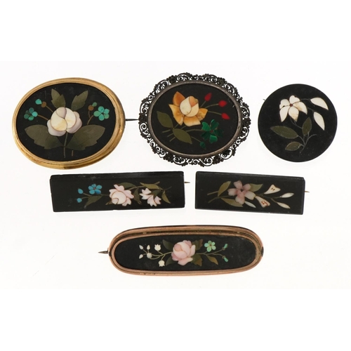 2019 - Six Italian pietra dura floral brooches, two with yellow metal mounts, the largest 5.8cm wide