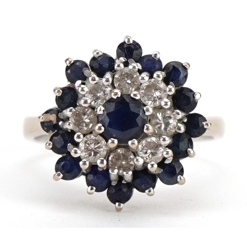 2026 - 18ct white gold sapphire and diamond cluster head ring, the largest sapphire approximately 4.5mm in ... 