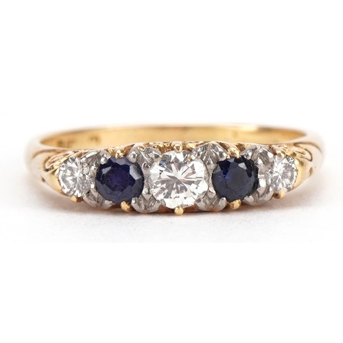 2029 - Victorian style diamond and sapphire graduated five stone ring, indistinct hallmarks, the largest di... 