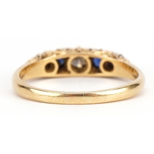 2029 - Victorian style diamond and sapphire graduated five stone ring, indistinct hallmarks, the largest di... 