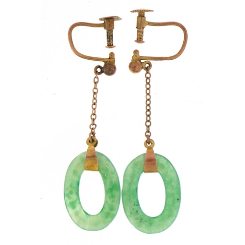 2033 - Pair of 9ct gold jade drop earrings with screw backs, 4.5cm high, total 2.9g