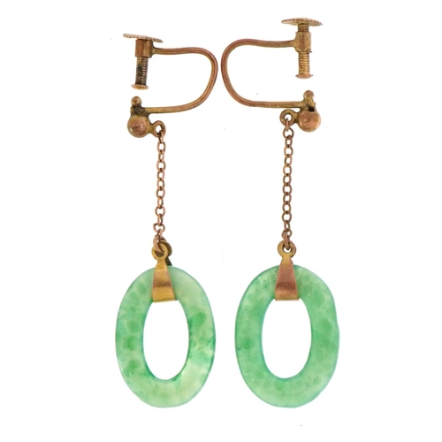 2033 - Pair of 9ct gold jade drop earrings with screw backs, 4.5cm high, total 2.9g