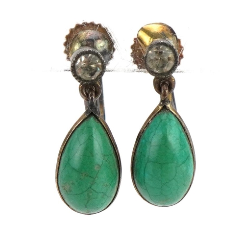 2039 - Pair of antique 9ct gold turquoise and clear stone tear drop earrings with screw backs housed in a L... 
