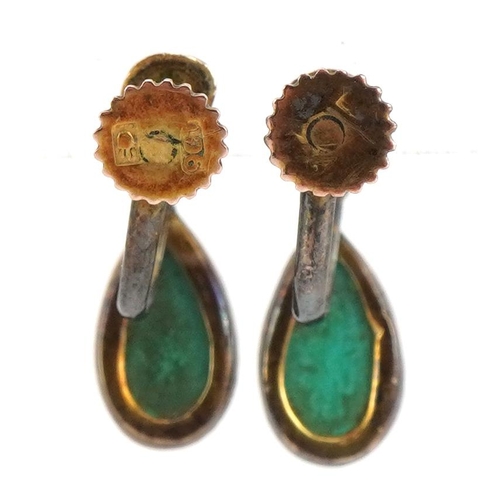 2039 - Pair of antique 9ct gold turquoise and clear stone tear drop earrings with screw backs housed in a L... 