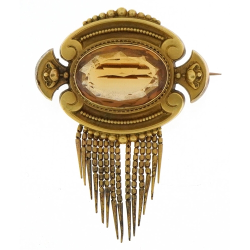 2041 - Victorian unmarked gold citrine brooch with tassels, tests as 9ct gold, 5cm high, 11.3g