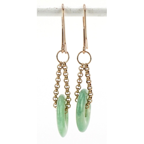 2055 - Pair of unmarked gold Belcher link chain jade disc drop earrings, 5.0cm high, 4.5g