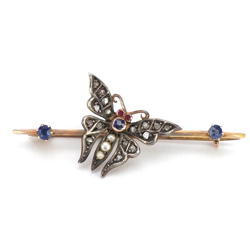 2063 - Antique unmarked gold butterfly bar brooch set with diamonds, sapphires, rubies and seed pearls, 4.5... 