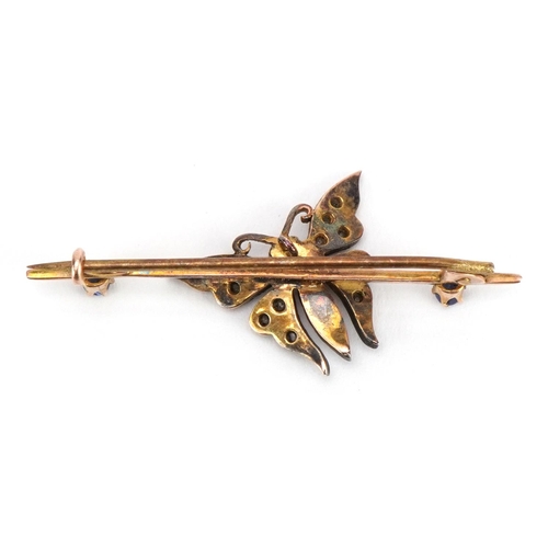 2063 - Antique unmarked gold butterfly bar brooch set with diamonds, sapphires, rubies and seed pearls, 4.5... 