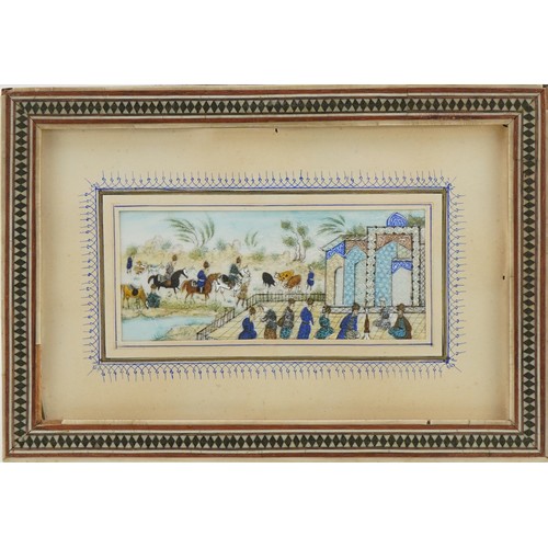 1272 - Figures praying, rectangular Persian watercolour having a Vizagapatam style frame, mounted, and fram... 