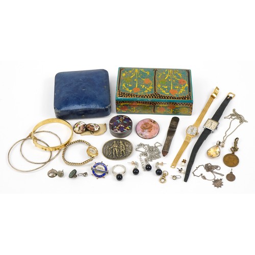 2657 - Antique and later jewellery including a silver citrine pendant, enamelled buttons, silver and enamel... 