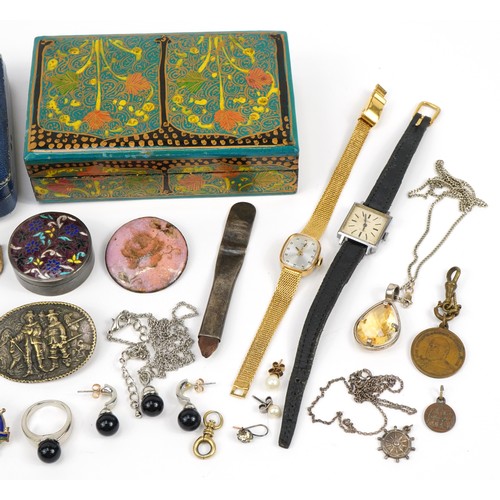 2657 - Antique and later jewellery including a silver citrine pendant, enamelled buttons, silver and enamel... 