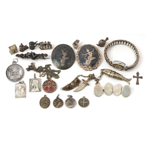 2655 - Antique and later silver and white metal jewellery including, Siam silver, charms, cufflinks and a s... 