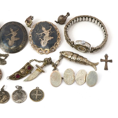 2655 - Antique and later silver and white metal jewellery including, Siam silver, charms, cufflinks and a s... 