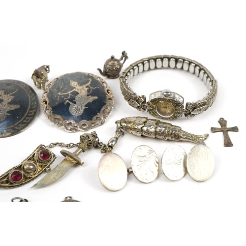 2655 - Antique and later silver and white metal jewellery including, Siam silver, charms, cufflinks and a s... 