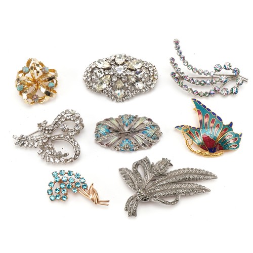 2642 - Eight assorted vintage costume jewellery brooches including marcasite and enamel butterfly, the larg... 