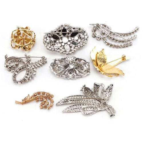 2642 - Eight assorted vintage costume jewellery brooches including marcasite and enamel butterfly, the larg... 