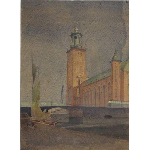 1723 - The Stockholm Town Hall, Nocturne, 19th century watercolour, indistinctly signed and dated, mounted,... 