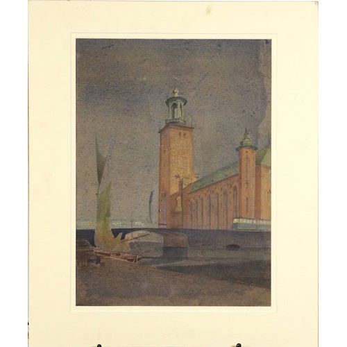 1723 - The Stockholm Town Hall, Nocturne, 19th century watercolour, indistinctly signed and dated, mounted,... 