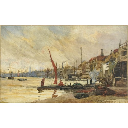 1688 - Harbour town with boats, late 19th century watercolour, indistinctly signed and dated 1892, mounted,... 