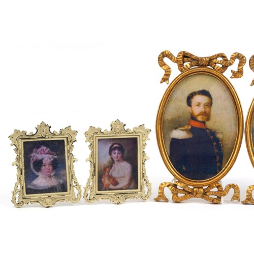 1182 - Three pairs of portrait miniatures including a gentleman in naval dress and females, each framed, th... 