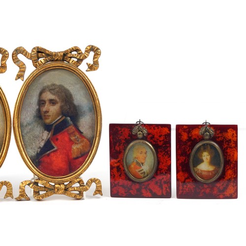 1182 - Three pairs of portrait miniatures including a gentleman in naval dress and females, each framed, th... 