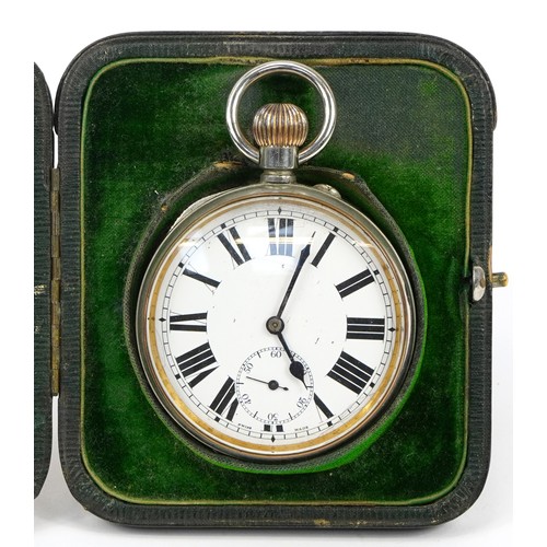 2680 - George V silver oversized pocket watch stand housing a Goliath pocket watch and four Art Deco silver... 