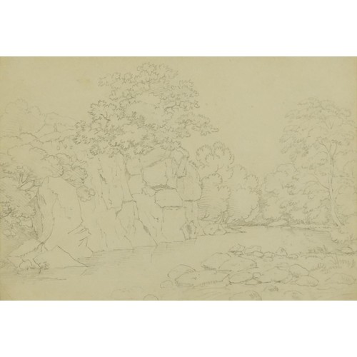 1554 - Thomas Sunderland - River landscape with trees, late 18th/early 19th century pencil, various inscrip... 