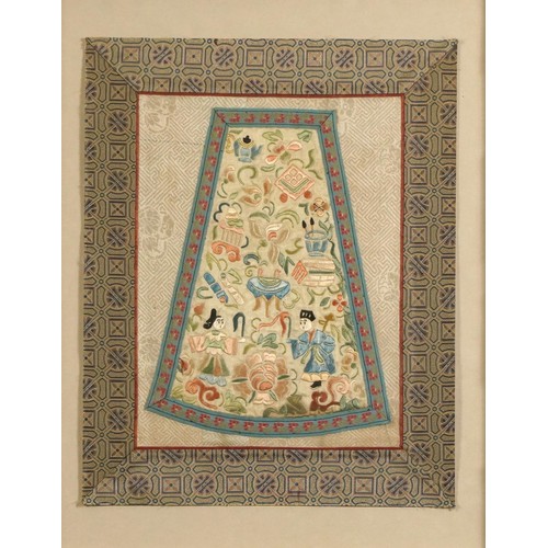 79A - Two Chinese silk textiles, one finely embroidered with figures and lucky objects, each framed and gl... 