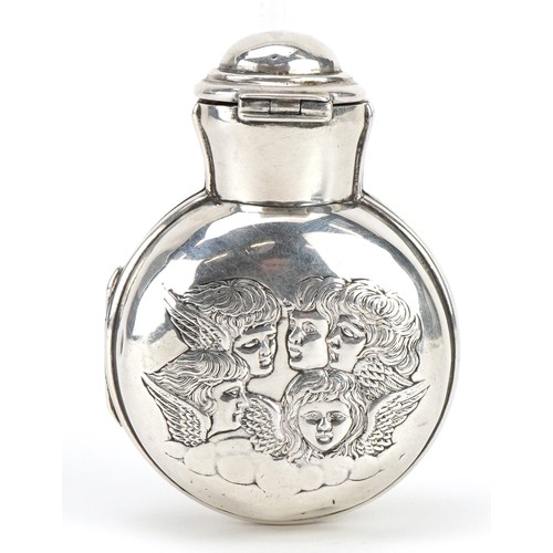 2711 - Deakin & Francis Ltd, Victorian silver scent bottle case embossed with cherubs, housing a brown glas... 