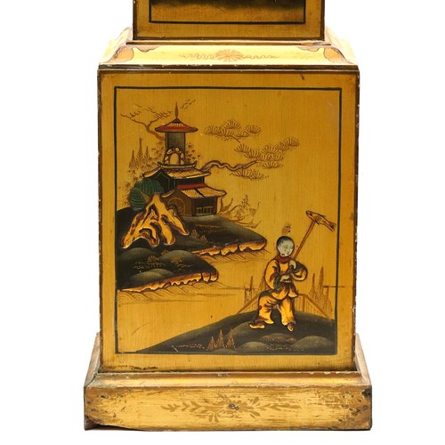 1024A - Chinoiserie lacquered granddaughter clock, striking on a gong, 133cm high