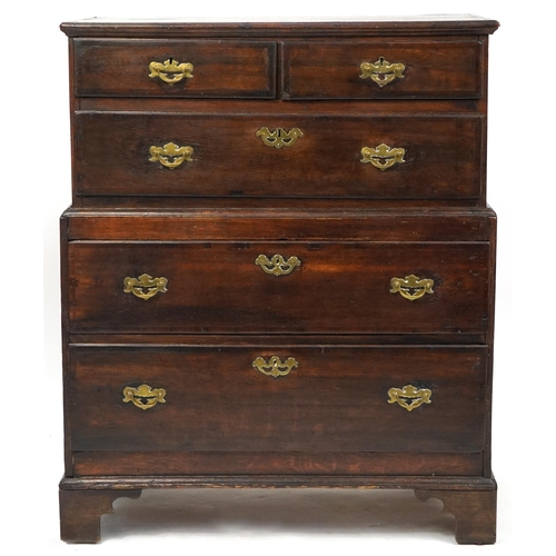 1010A - Georgian oak five drawer chest on chest with brass fittings, raised on bracket feet, 113cm H x 93cm ... 