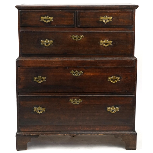 1010A - Georgian oak five drawer chest on chest with brass fittings, raised on bracket feet, 113cm H x 93cm ... 