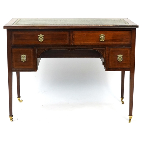 1023A - Edwardian inlaid mahogany writing desk with tooled green leather insert and four drawers, 81cm H x 1... 