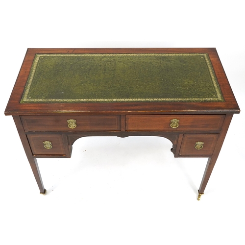 1023A - Edwardian inlaid mahogany writing desk with tooled green leather insert and four drawers, 81cm H x 1... 