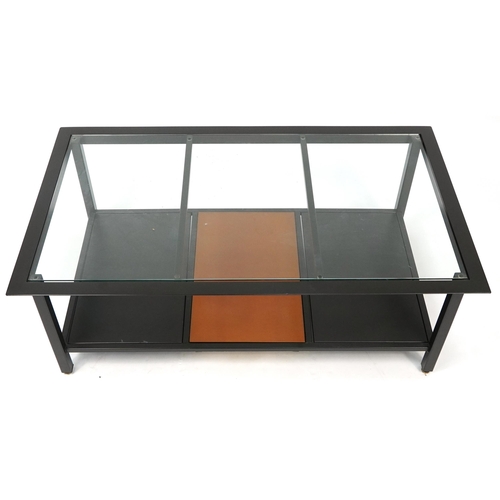 1057A - Rectangular black painted metal coffee table with glass insert and under tier, 44cm H x 122cm W x 71... 