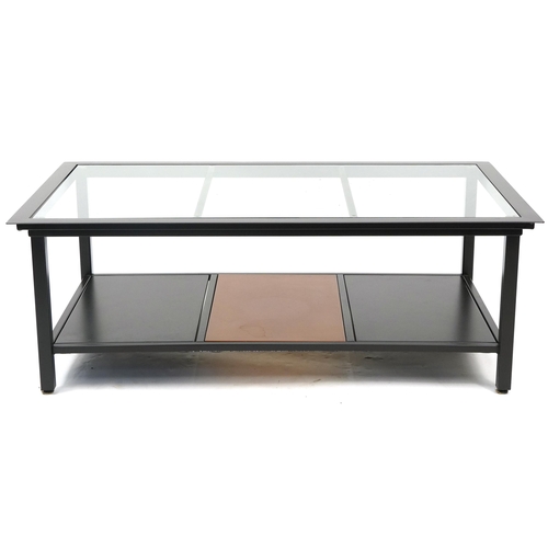 1057A - Rectangular black painted metal coffee table with glass insert and under tier, 44cm H x 122cm W x 71... 