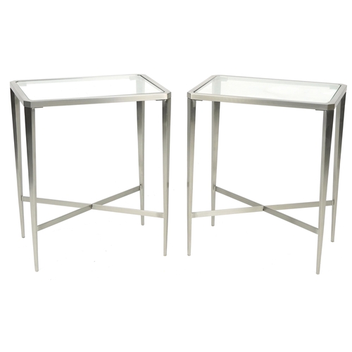 1075A - Pair of contemporary polished metal side tables with glass inserts, 60cm H x 50cm W x 35cm D