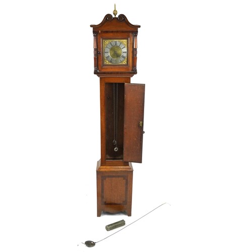 1015A - 19th century inlaid oak grandfather clock with brass dial and silvered chapter ring having Roman num... 